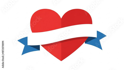 Red heart with blue ribbon and blank banner for valentine's day  