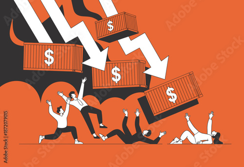 Dramatic Depiction of Economic Downturn with Falling Cargo Containers and Frustrated Business People in Vibrant Orange Tones