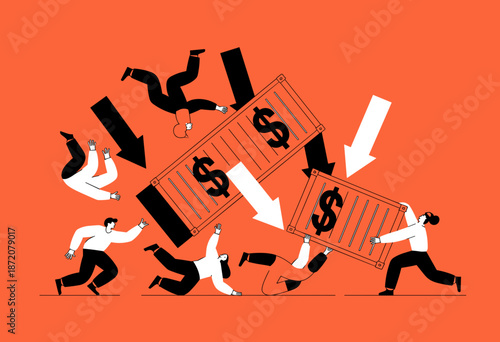 Dramatic Depiction of Economic Downturn with Falling Cargo Containers and Frustrated Business People in Vibrant Orange Tones