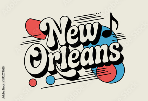 Vibrant Retro Design Celebrating New Orleans with Musical Notes and Bold Colors