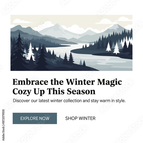 Winter landscape with river and snowy mountains, a serene and picturesque scene.