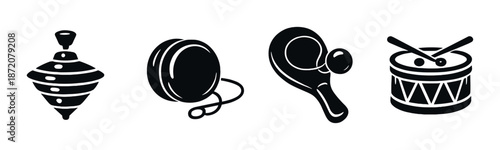 Silhouette of classic toys: top, yo-yo, paddleball, drum