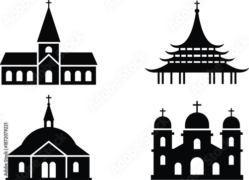 Religious architecture silhouette collection featuring church cathedral basilica and traditional temple icons isolated black vector set