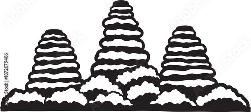 Black and white illustration of three beehives in clouds