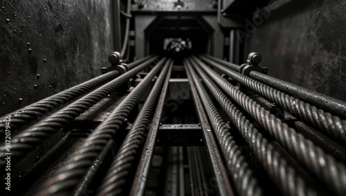 Close up of heavy duty steel wire ropes inside an industrial elevator shaft