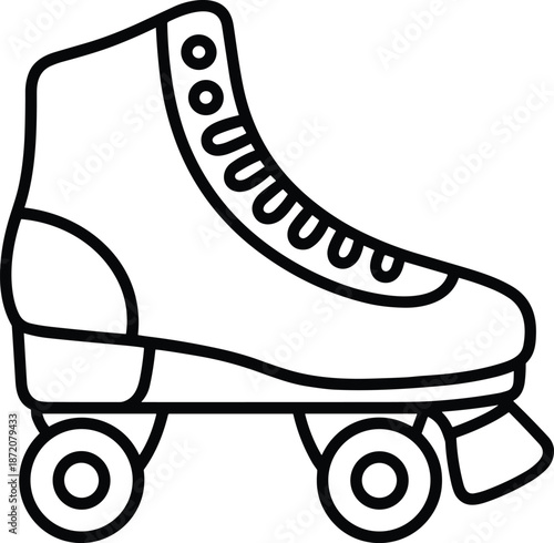 Roller skate boot outline illustration with wheels and stopper vintage skating footwear icon black white line art vector