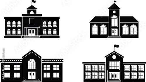 School building silhouettes set with flags modern and classic education architecture isolated black vector illustration