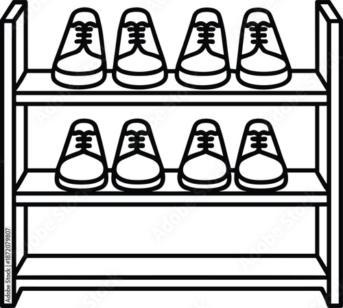 Two tier shoe rack line art illustration with neatly arranged sneakers minimalist home storage furniture vector design