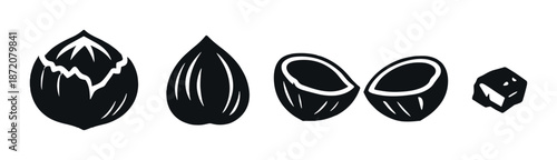 Minimalist black and white coconut progression icons on dark background