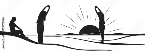 Yoga Silhouettes at Sunrise Desert Landscape Fitness Illustration