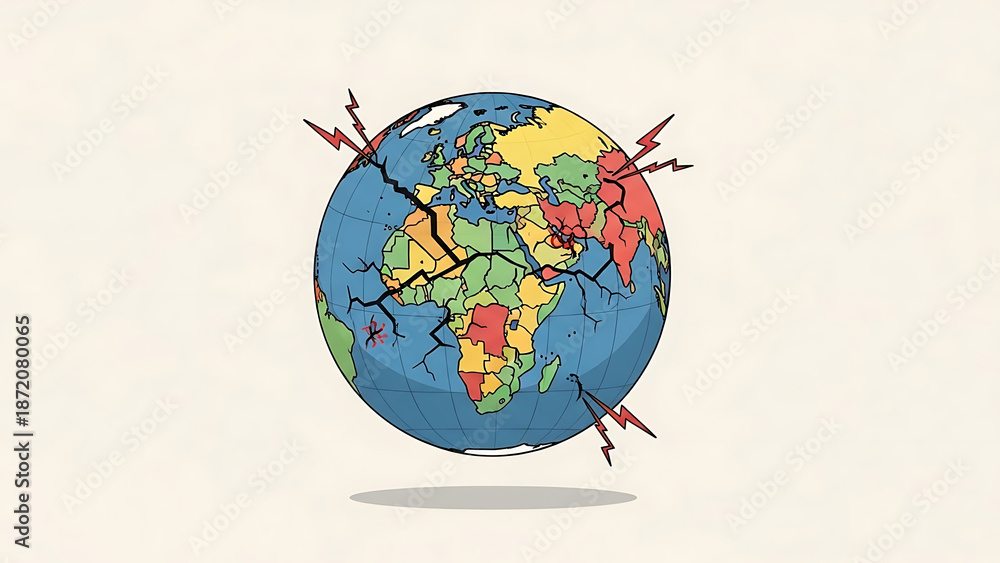 Naklejka premium Globe Illustration with Crack Marks and Lightning Surrounding Earth