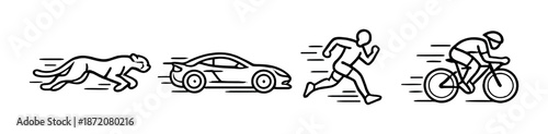 Speed icons featuring cheetah, sports car, runner, and cyclist in motion