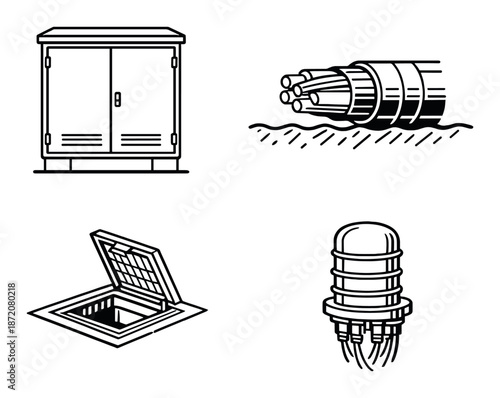 Urban infrastructure utilities: cabinet, underground cables, manhole, fiber optics