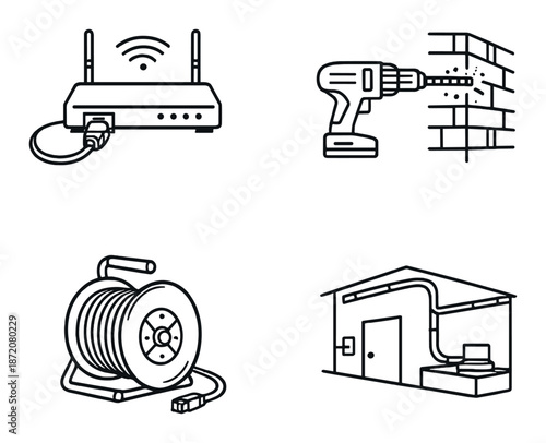 Home network installation tools: router, drill, cable spool, server room icon set
