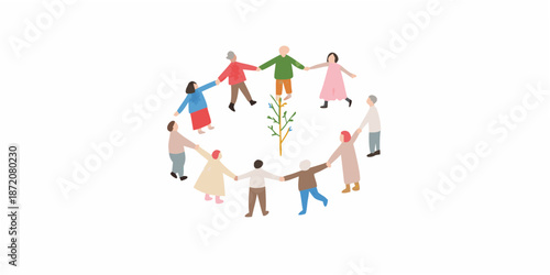 A diverse group of people holding hands in a circle around a small tree