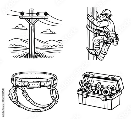 Electrician lineman climbing pole with tools and equipment belt in black and white