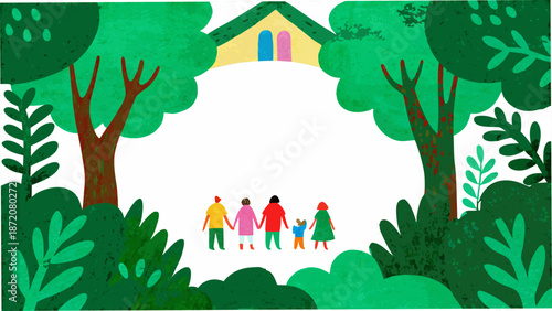 A family of four stands before a house framed by lush green trees