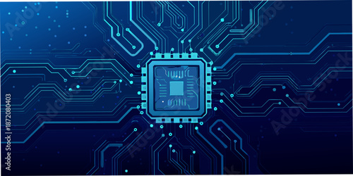 Abstract depiction of a microchip with glowing circuitry against a dark blue background