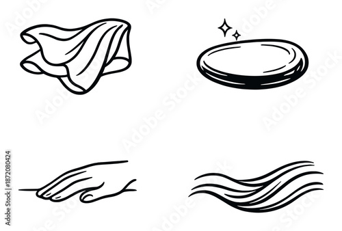 Minimalist laundry icon set featuring fabric, detergent, hand, and water symbols