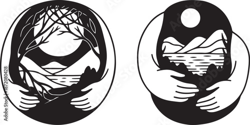 Yin Yang Symbol with Nature Landscape Illustration