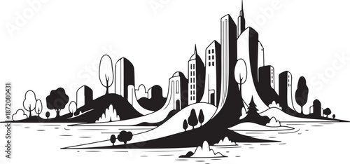 Black and white cityscape with trees and buildings illustration