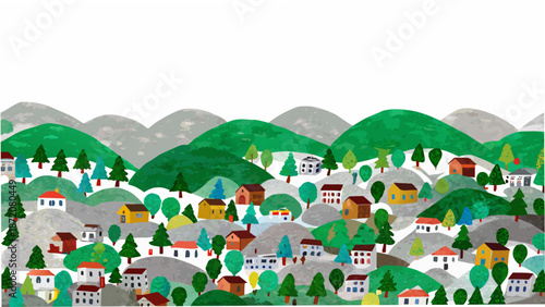 A colorful illustration of a village nestled among rolling green hills