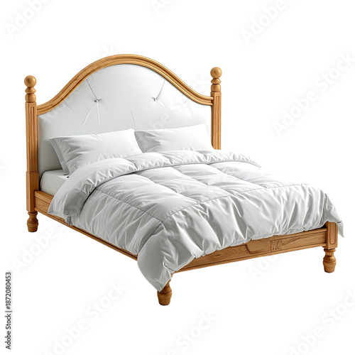 Elegant wooden bed with white upholstered headboard and crisp white bedding
