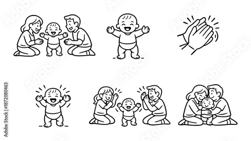 Cartoon family: baby milestones and activities with parents