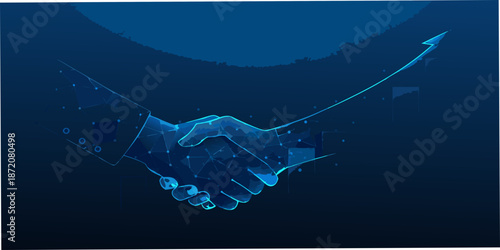 Digital handshake with glowing lines and geometric shapes representing connection