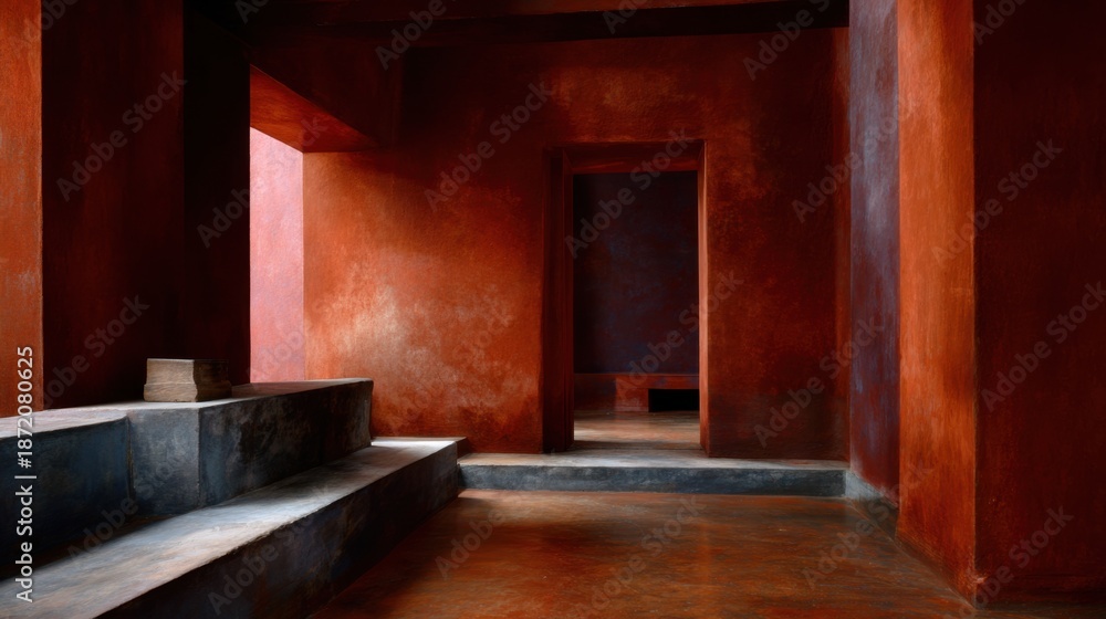 Fototapeta premium An empty room with terracotta walls, a concrete floor, and stairs. Light enters through a window on the left side of the frame. The wall is painted a dark red. 