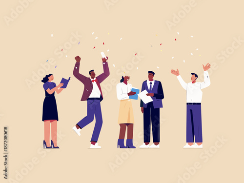 Celebrating success diverse team rejoices with confetti and documents in hand