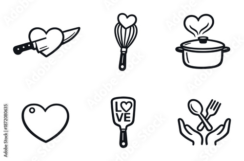Kitchen love icons: heart-shaped cooking tools and utensils silhouettes