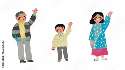 A cheerful family of three waving with happy expressions and colorful clothing