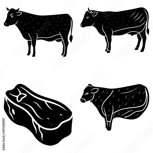 Black and white cow and beef steak silhouettes on white background meat