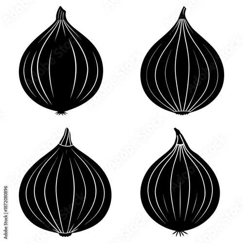 Four black and white onion silhouettes with transparent background vegetable 1