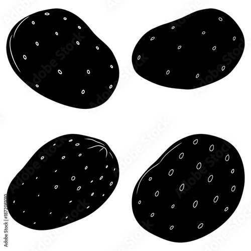 Four Black Potato Shapes with White Dots on Transparent Background silhouette