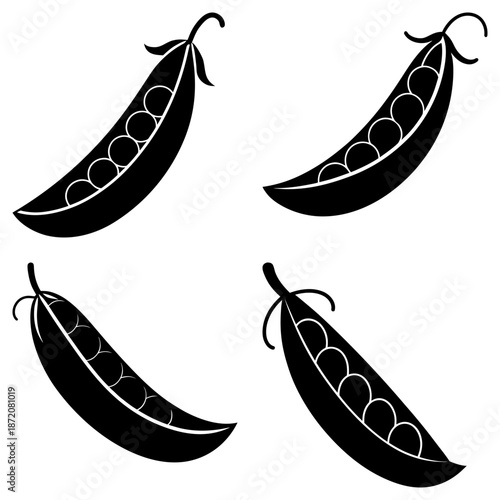 Four Black Pods with Peas on White Background pea pods silhouette