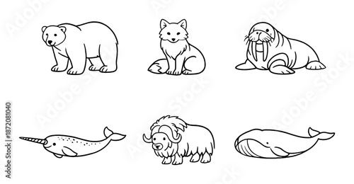 Illustrated arctic animals: polar bear, red panda, walrus, narwhal, musk ox, whale