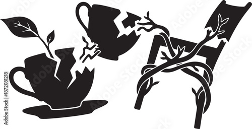 Black Silhouette of Broken Teacups with Growing Plants Inside