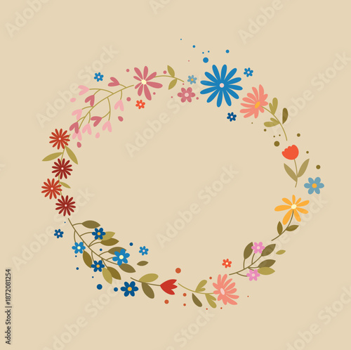 Abstract colorful spring floral wreath in flat modern style