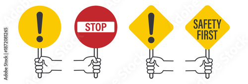 Bundle set of isolated outline caution icons in yellow and red, including stop, no entry, prohibition, safety, traffic, and warning signs.