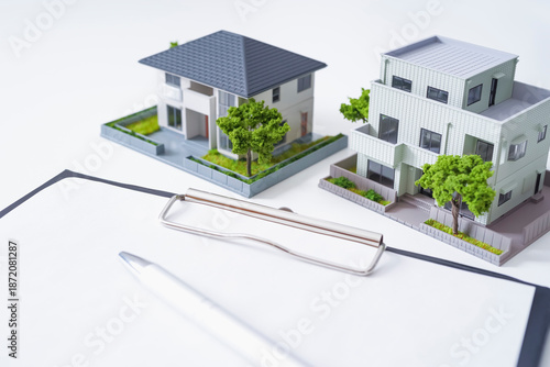 不動産に関係する書類と住宅模型