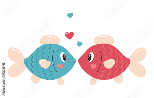 Vector illustration of two cute fish facing each other with hearts. Romantic flat design for Valentines Day, love couple, relationship and romantic greeting concept, isolated on white background.