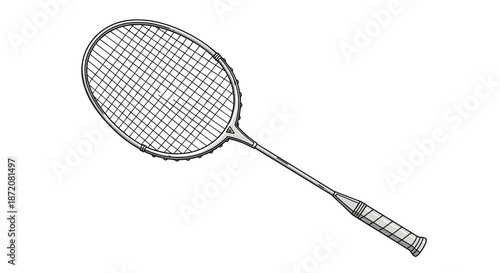 Professional badminton racket with fine stringing and a gripped handle depicted in a clean grayscale vector illustration style.