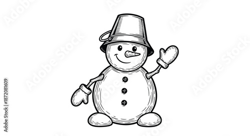 Joyful hand drawn snowman wearing a metal bucket as a hat and warm mittens waving happily in a black and white sketch.