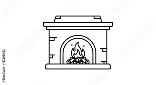 Simple black and white line art illustration of a cozy brick fireplace with burning logs and a bright flame inside.
