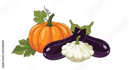 Autumn harvest still life featuring a large orange pumpkin deep purple eggplants and a white pattypan squash with leaves.