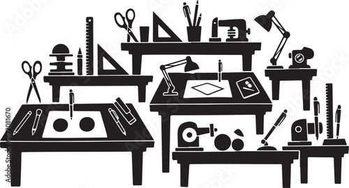 Various drafting and office tools on multiple worktables illustration