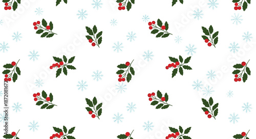 Festive winter pattern with red holly berry branches and light blue snowflakes scattered across a clean white background.