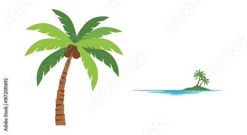 Tropical scene featuring a tall green palm tree with coconuts and a distant tiny island in a calm blue sea water.